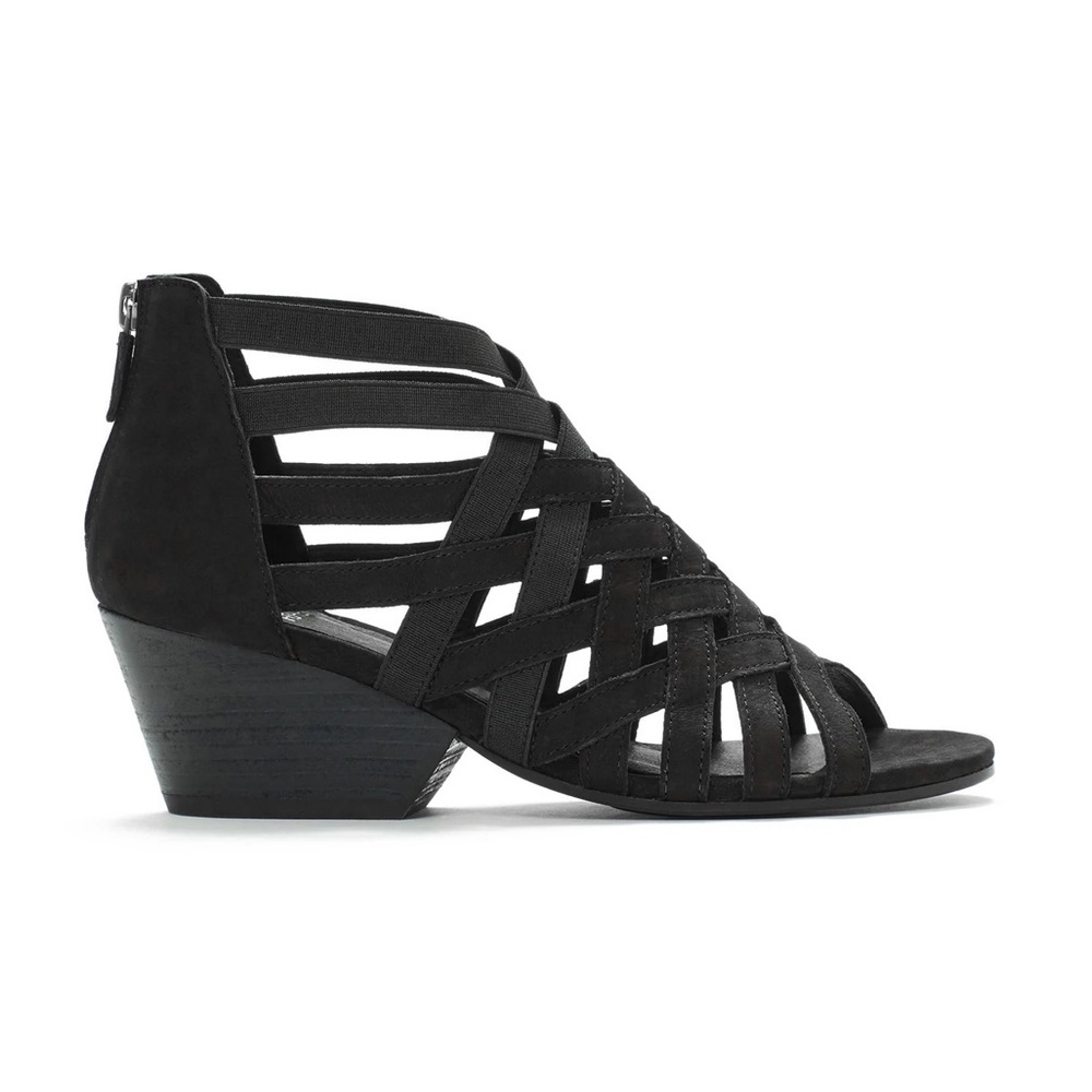 Eileen Fisher Oodle Cutout Sandal Stacked Heel Sueded Leather w Stretch 8 Black